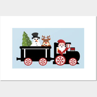 Santa Claus driving locomotive with snowman and reindeer in the wagon Posters and Art